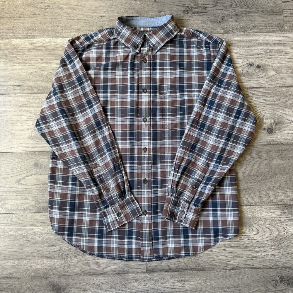 Woolrich Men's Brown & Blue Plaid Long Sleeve Button Down Shirt - Size Large